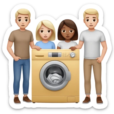 Eine Frau mit dem in der Waschmaschine feststeckt und zwei Männer die hinten an ihr ziehen um ihr zu helfen  sticker