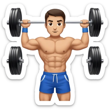 brunette buff man with blue shorts barbell-shrugs sticker