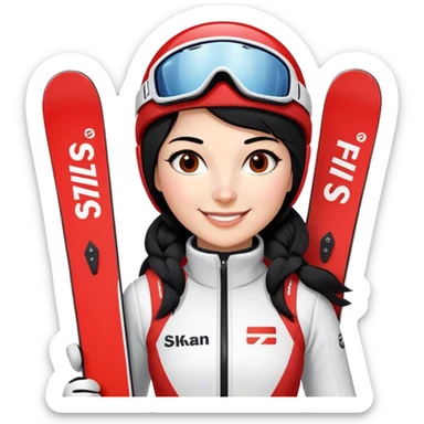Ski racer woman red white dress written STEPHANIE on the dress and written HEAD on the skis black hair  smile sticker