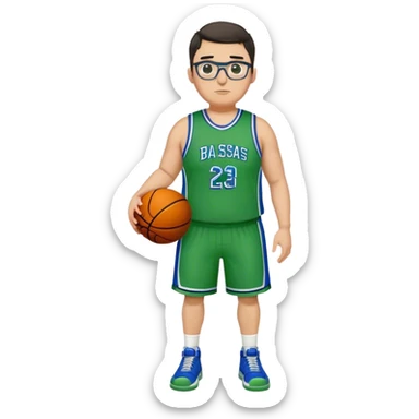 Full Body plus size tall white male with dark short hair basketball player wearing glasses wearing blue  with green uniform sticker