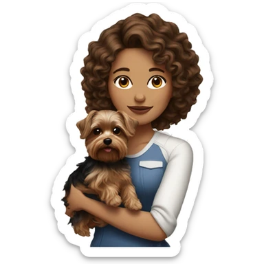 white women with curly medium length brunette hair, holding a cute yorkie dog sticker