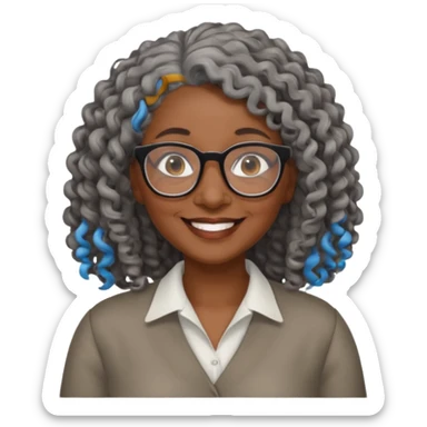 smiling dark older black woman wearing glasses with lots of long curly gray hair a sticker