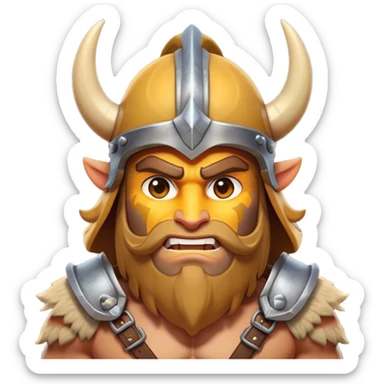 Clash of Clans aesthetic: Cinematic Fierce Barbarian Portrait Emoji, Poised and bold with a rugged yet cartoonish build in tattered furs and a horned helmet, his exposed skin a rich tan, expressive bright eyes and a confident smirk, Simplified yet dynamic features, highly detailed, glowing with a vivid, adventurous aura, high shine, heroic and spirited, stylized with an air of medieval warrior charm, focused and energetic, soft glowing outline, capturing the essence of a fearless barbarian adventurer ready to lead his clan with spirited valor! sticker