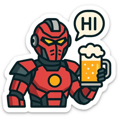Sector from Mortal Kombat, detailed red-armored ninja robot, holding a glass of beer, fun and casual, speech bubble with 'HI' sticker