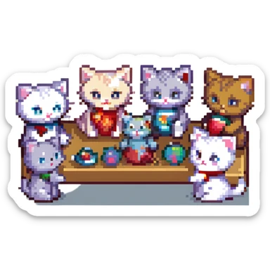 ten cute kittens playing with a doll, pixel art style sticker