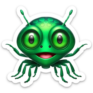 Cinematic Comical Green Bugdie Portrait Emoji, Head tilted dramatically with an exaggeratedly amused expression, featuring a striking, glossy emerald exoskeleton with bold patterns, wide, expressive multifaceted eyes filled with playful disbelief, Simplified yet hilariously expressive features, highly detailed, glowing with a slightly sassy glow, high shine, dramatic yet playful, stylized with an air of cheeky mischief, bright and endearing, soft glowing outline, capturing the essence of a spirited and over-the-top bug, so meme-worthy it feels like it could side-eye its way into internet fame instantly! sticker