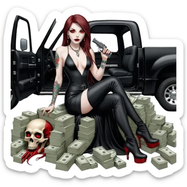 Lilith symbol red eye seductress evil long brown haired sexy succubus woman with leather long dress with slit, sitting in Big Large F350 pickup truck. Black Platform high heels on feet. Tattoo sleeve arms, seat full of stacks of cash, and a man dead human skull of her enemies and a gun in other hand sticker