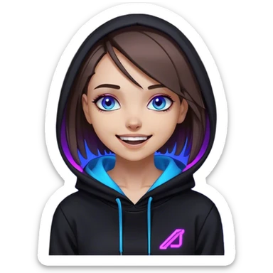 a girl with a brown bob and blue eyes in a black hoodie laughs and holds her head Cyberpunk style. Violet neon. sticker