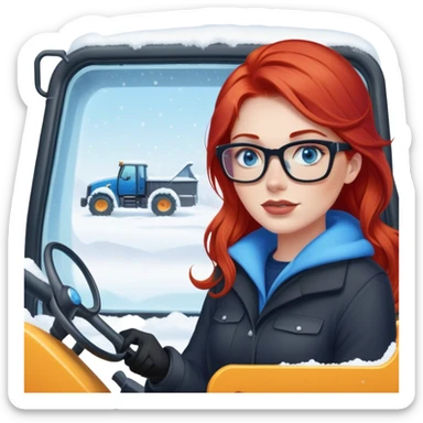 lady with red hair, blue eyes and glasses inside a big Snowplow sticker