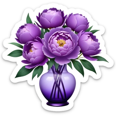 "A bouquet of peonies in various shades of purple, from pale lilac to deep violet, is arranged in a translucent purple glass vase with subtle curves. The petals are layered, some gently curling outward, while others remain tightly clustered. A wide, satin violet ribbon is tied around the vase, its ends draping softly over the surface below."
 sticker