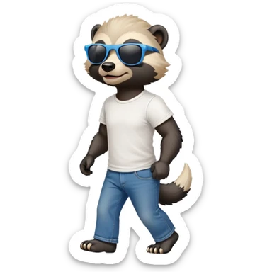 friendly anthropomorphised honey badger in jeans and a t-shirt, wearing sunglasses, walking upright, standard pose sticker
