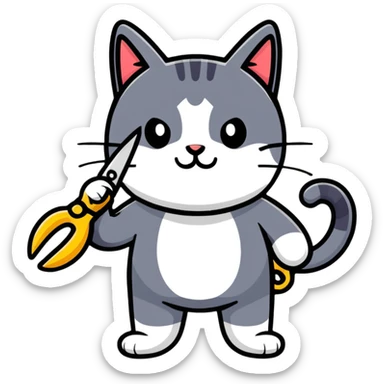 a cat that sews: in his left hand he holds scissors sticker