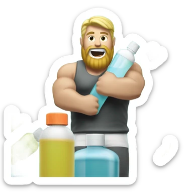 Buff man with blonde short hair and a medium length blonde beard riding on top of a giant bottle of listerine sticker