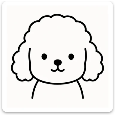 minimalist kawaii line art of a poodle-like dog's head with a large, round, fluffy head and puffy, curly ears hanging down on each side, resembling a poodle. facial features are extremely minimal: two small black dot eyes set wide apart, a tiny round nose, and a simple curved mouth like an upside-down 'Y'. thick, clean, bold black lines on a white background. expression is calm and neutral, conveying a gentle, sweet, and peaceful personality. symmetrical and child-friendly, with a warm, cozy feeling. no colors or shading, just black linework. slight hand-drawn quality but polished and readable, ideal for coloring books or stickers. sticker