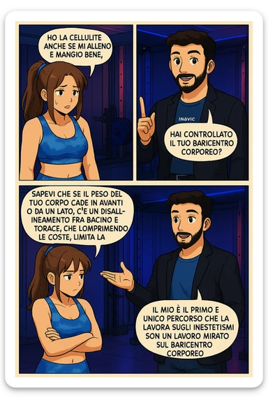 PRENDI SPUNTO DA QUESTO STILE FACENDO UN WEBTOON/MANGA:

LEI: Ho la cellulite anche se mi alleno e mangio bene, cosa posso fare?

LUI: Hai controllato il tuo baricentro corporeo?
LUI: Sapevi che se il peso del tuo corpo cade in avanti o da un lato, c’è un disallineamento fra bacino e torace, che comprimendo le coste, limita la motilità del diaframma e l’ossigenazione dei tessuti?
LUI: Il mio è il primo e unico percorso che lavora sugli inestetismi con un lavoro mirato sul baricentro corporeo. sticker