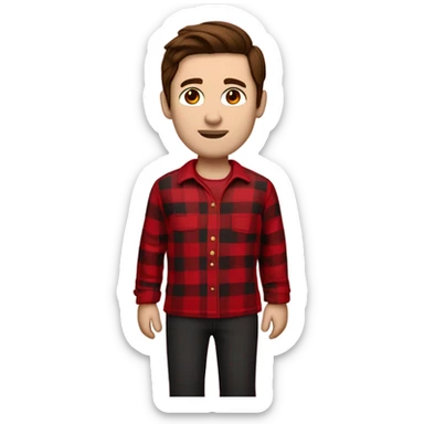Man with straight brown hair and brown eyes wearing red and black buffalo plaid pjs. White skin. Full body. sticker