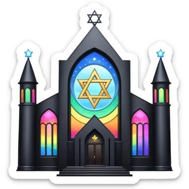 jewish synagogue temple in dark goth aesthetic style with black building and very light rainbow tint glass windows and star of david and celestial symbolism sticker