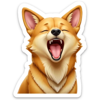 Cinematic Cute Yawning Dingo Portrait Emoji, Head tilted slightly with a dramatic, wide-open yawn, showcasing a soft, sandy fur with gently drooping ears and round amber eyes barely open in drowsy contentment, Simplified yet irresistibly adorable features, highly detailed, glowing with a soft, cozy glow, high shine, relaxed yet expressive, stylized with a touch of wild charm, bright and endearing, soft glowing outline, capturing the essence of a sleepy yet affectionate dingo, so drowsy it feels like it could stretch out of the screen and curl up for a nap! sticker