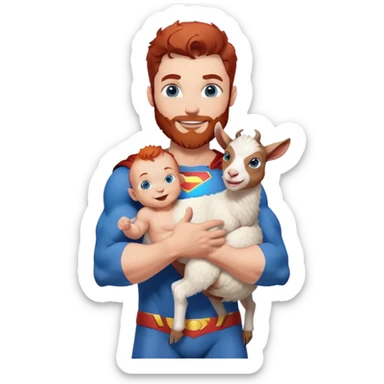 Full body Adult Superman Blue Eyes Scruffy Redish hair and redish trimmed Beard Muscle happy holding a happy baby goat with blue hair sticker
