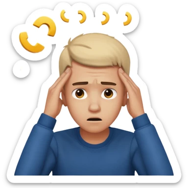 A frustrated young man holding his head, confused expression, dramatic lighting, blurred dark background, cinematic YouTube intro style, ultra-realistic. sticker