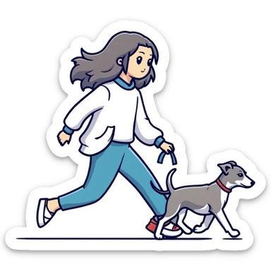 Japanese girl with flowing hair walking a grey greyhound sticker