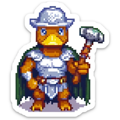 pixel art duck standing heroically holding Thor's hammer with a lightning rod, no armor, just the duck and the hammer sticker