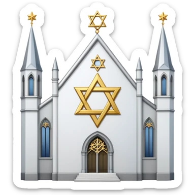reform jewish synagogue similar in architecture to historical religious architecture in europe. the building should be white with silver/golden features, gothic architectural elements and star of david. no crosses. the emoji should be in ios emoji style. sticker
