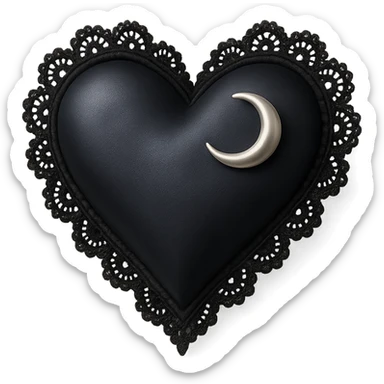 3D black style gothic heart, midnight blue satin texture, silver crescent moon charm, black lace trim, mysterious and elegant gothic design sticker