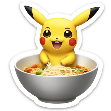 Pikachu eating ramen from a pikachu bowl sticker