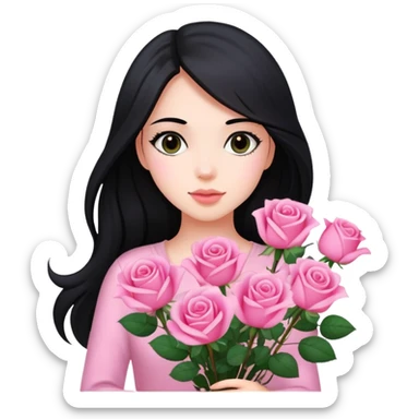 A beautiful girl with long black hair holding a bouquet of pink roses sticker