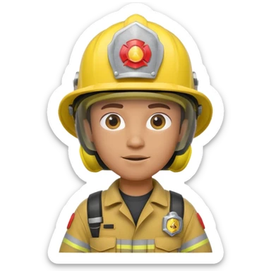 3D cartoon-style firefighter in the Apple emoji style, wearing a bright yellow helmet and fireproof uniform, front-facing, soft lighting, white background. sticker