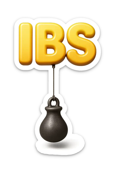 emoji stile iphone della parola "IBS" sospesa in aria con zavorra attaccata sotto che la fa cadere per il peso, iperrealistico 4k sticker