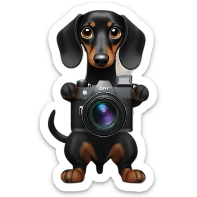 a black dachshund dog holds a SONY camera in its front paws sticker