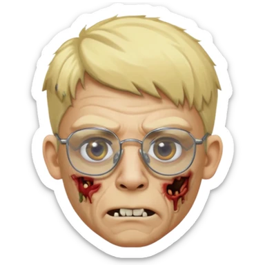 faça um homem zumbi loiro, usando óculos sem aro e com 1 brinco em cada orelha, estilo ponto de luz sticker