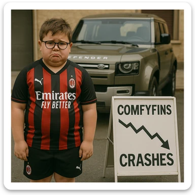 A chubby kid with glasses, dressed in an AC Milan football kit, standing in front of a Land Rover Defender, looking sad as his business 'ComfyFins' crashes, conveying disappointment and business failure sticker