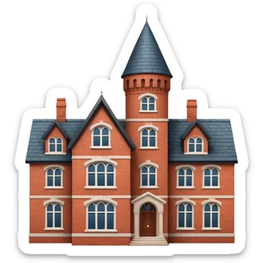 large English country house in red brick with a tower sticker