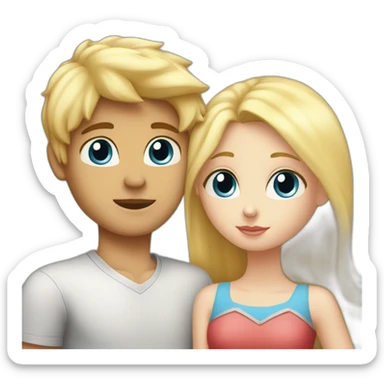 A blond boy with blue eyes who kisses a pretty blonde girl with blues eyes,  with a heart above their heads  sticker
