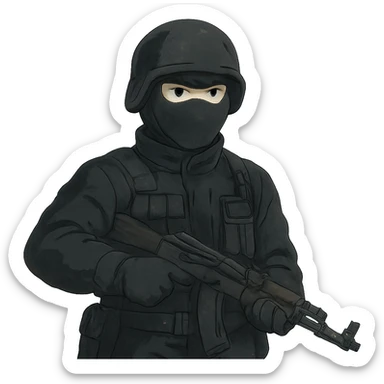 ghibli style armed figure in all-black military clothing, shiesty mask, and helmet sticker