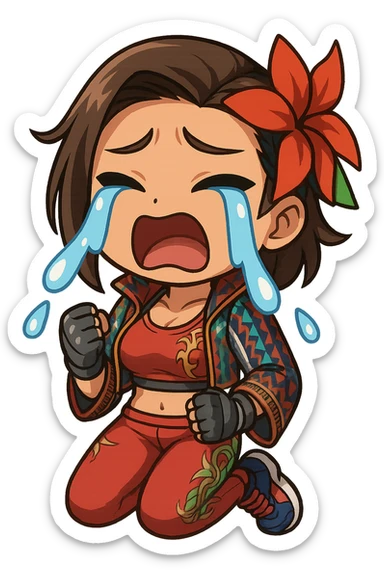 Azucena from Tekken 8 in chibi sticker style, crying with big teardrops, standard Twitch emote, wearing her detailed red and patterned outfit as shown in the reference images. sticker