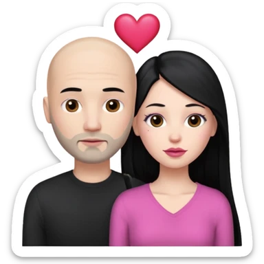 👩🏻‍❤️‍💋‍👨🏻 this one but the man should be bald. white woman with long black hair and white bald young man whoitiut hair and a heart between their heads. she has pink lips and both have brown eyes. he has e full beard but short. both wear black sticker