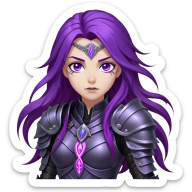 A mysterious warrior girl with long, flowing purple hair catching the dim light. Her glowing violet eyes stare forward, unwavering. She wears sleek black armor, adorned with silver runes that pulse faintly with hidden power. A dark mist swirls at her feet, hinting at the energy she commands. sticker