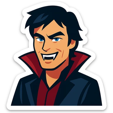 Damon Salvatore as a vampire with dark hair, blue eyes, fangs, confident grin sticker