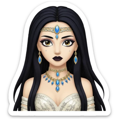 Akasha from Queen of the Damned with long black hair, ivory sequin outfit sticker