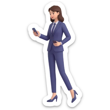 3D image of a professional woman in a suit, using her phone, dynamic posture, clean background sticker