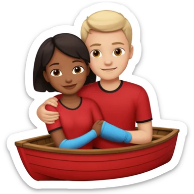 smiling boy in red shirt with black woman hugging in a boat sticker
