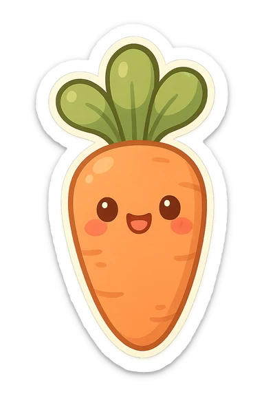 chibi sticker-style carrot with a smiling face, cute and exaggerated sticker