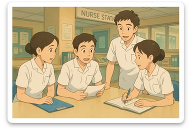 groupe de quatre étudiants infirmiers discutant et travaillant ensemble dans un poste de soin, style Ghibli, uniformes blancs à manches courtes, tuniques médicales col en V, poche poitrine à gauche, sans pied de col ni accessoires, ambiance d'équipe sticker