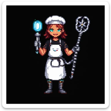 Portrait of a cyborg baker with a mechanical arm holding a whisk, glowing eyes, chrome apron, skeuomorphism style sticker