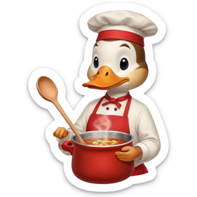 A duck wearing red apron stirring soup in a small pot, looking very focused. sticker