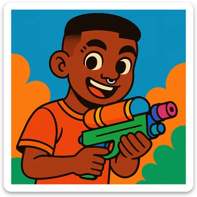 brown-skinned boy with a low taper fade haircut, septum piercing, two eyebrow slits on his left eyebrow, holding a watergun, vibrant cartoon style sticker